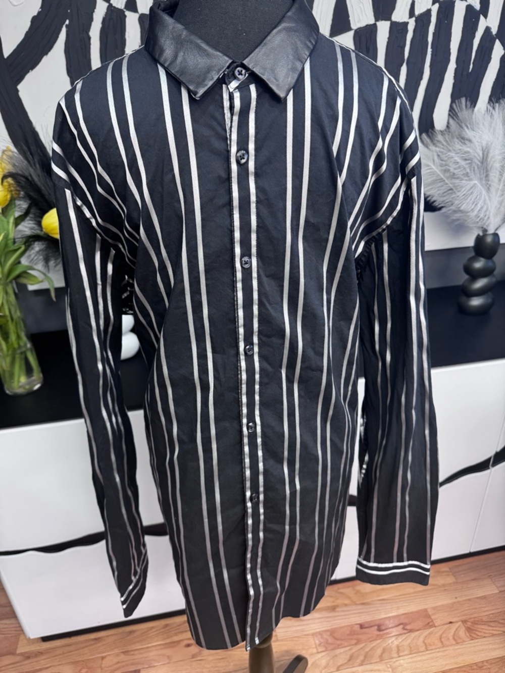 INC International Concepts Black Silver Stripe Shirt Faux Leather Collar XXL